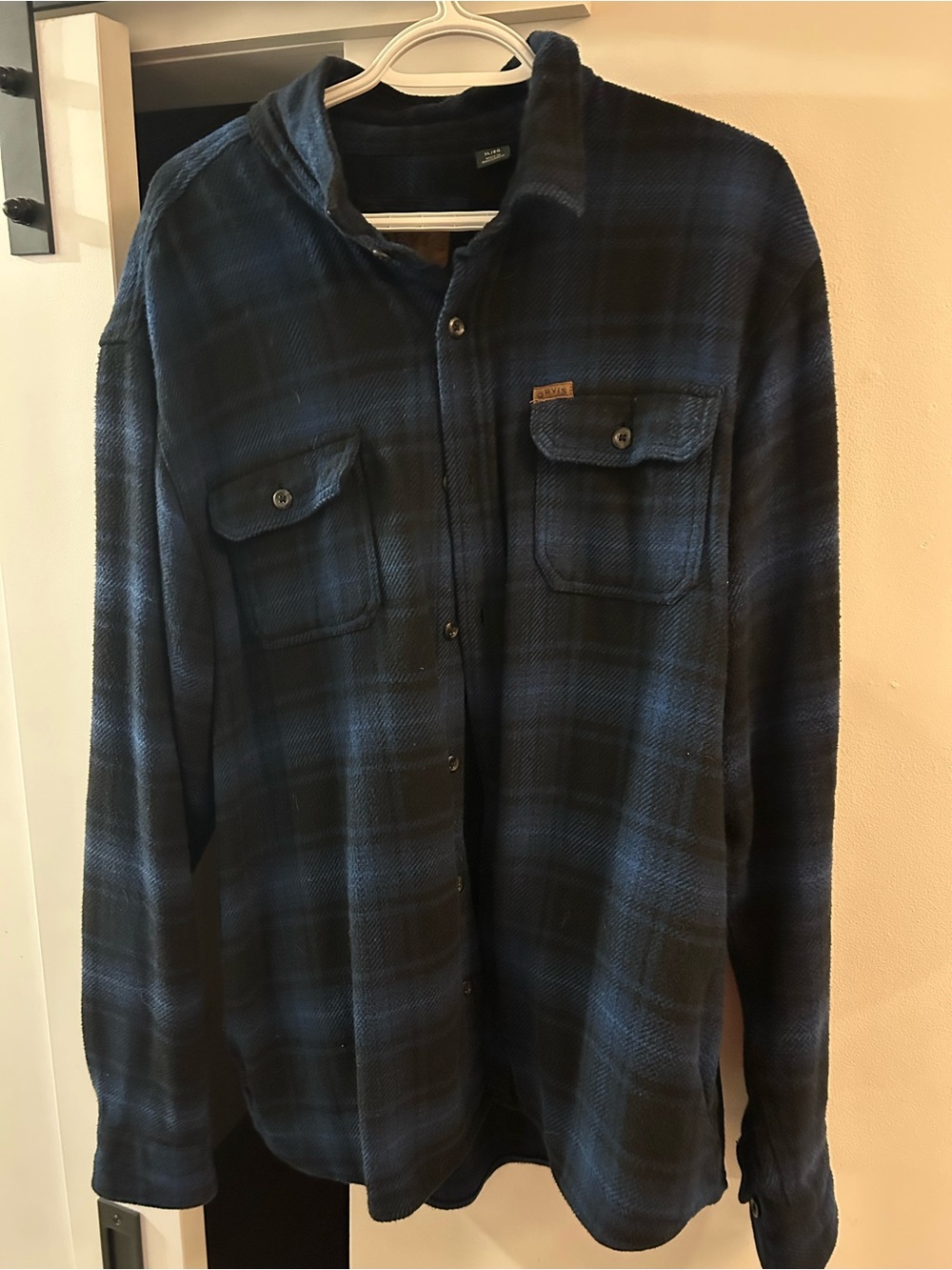 Orvis Men’s XL Navy Blue Plaid Shacket Shirt Jacket Side Pockets